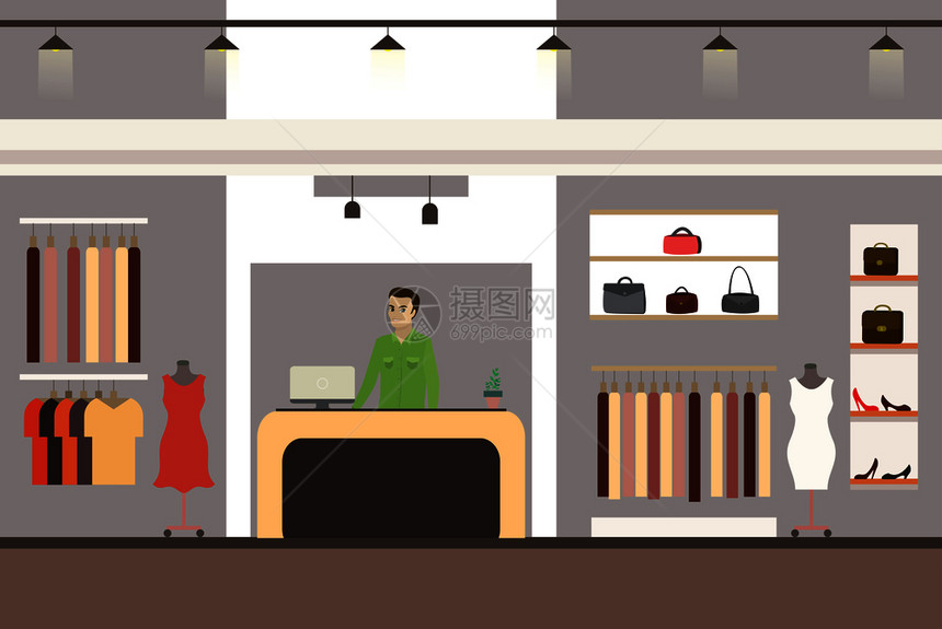 现代时装服店的内地咖啡业男出纳员充气矢量图图片