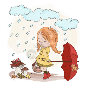 雨天采蘑菇的小姑娘背景图片