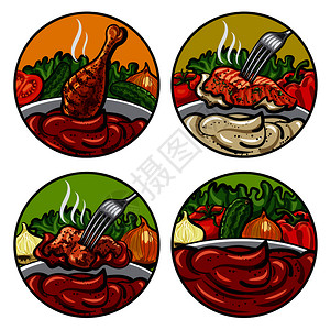 一套番茄酱的矢量插图包括蔬菜洋葱黄瓜生菜和香料图片