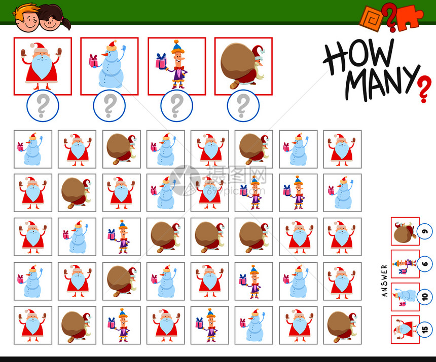 卡通圣诞节元素儿童教育计数游戏插图图片