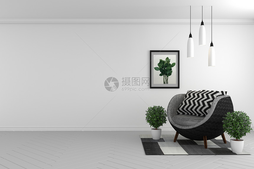 漂亮的房间内墙里面用织布沙发和白色背景的植物模拟3D图片