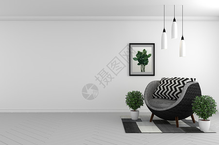 漂亮的房间内墙里面用织布沙发和白色背景的植物模拟3D背景图片