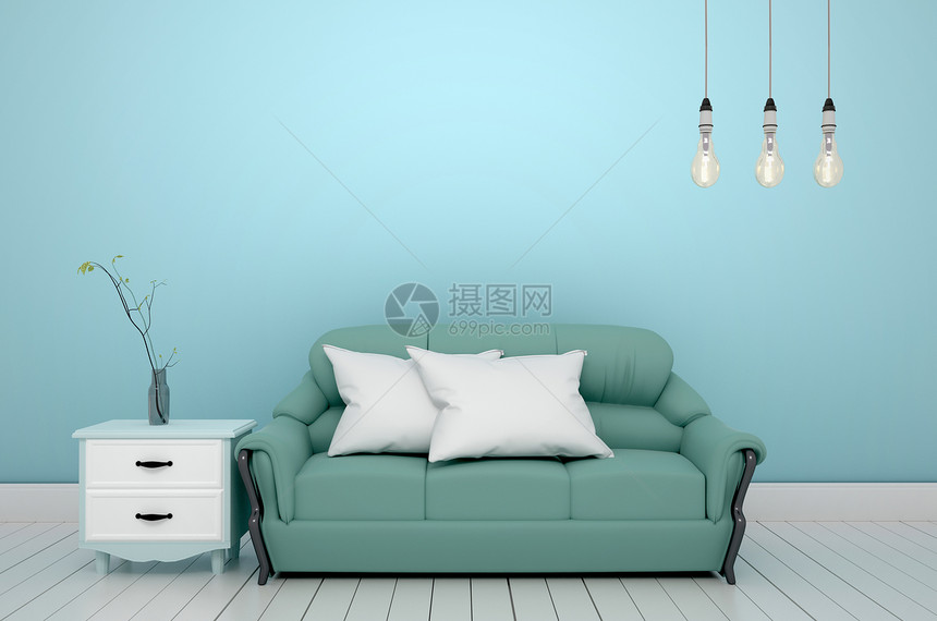 客厅沙发和枕头灯花瓶和绿色薄荷墙壁背景3D图片