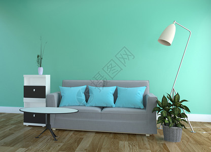 绿色薄膜墙室内客厅木地板上有沙发背景图片