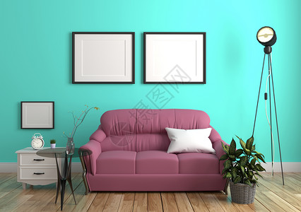 家具手机端模板绿色薄膜墙内地木板上有沙发和壁边板3d背景