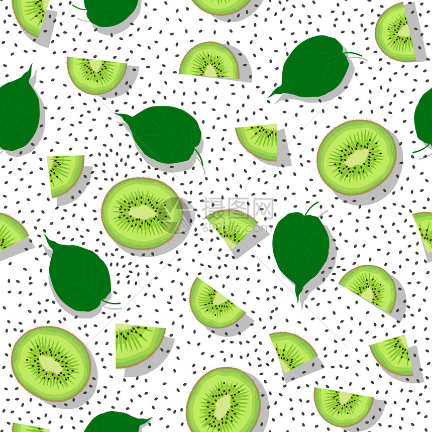 Kiw水果片无缝模式白底种子矢量插图图片