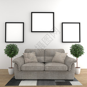 室内客厅白色墙壁上有沙发和植物的简单海报3D图片