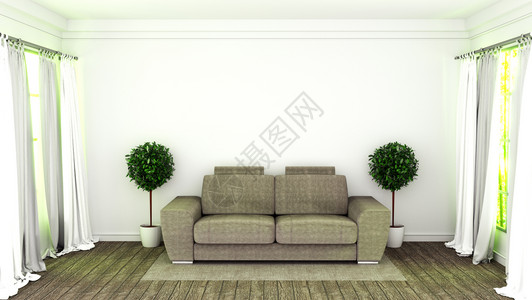 现代室内房白色间有沙发和绿色植物3d图片