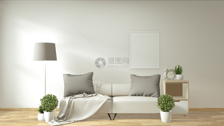 内有沙发和绿色植物房的现代客厅室内日式小设计3D图片