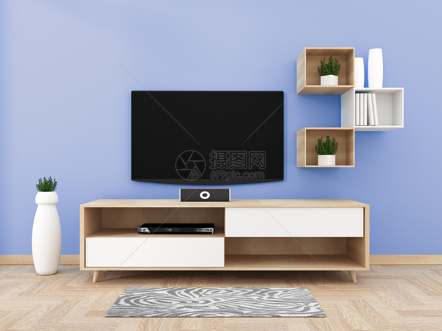 在现代客厅的柜子上电视在蓝墙背景的上3d图片