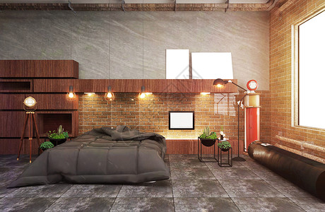 内装有沙发和绿色植物的现代阁楼客厅在砖墙背景上可使用3D图片