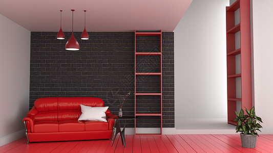 现代红内室房带有沙发的客厅和地板黑砖墙3d图片
