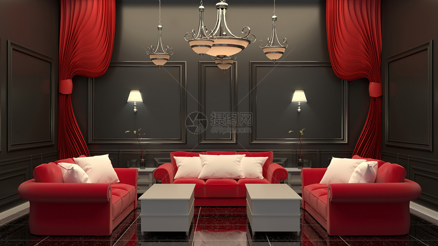 黑色地板和墙上的红沙发图片