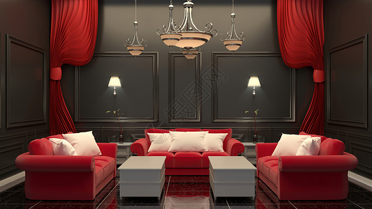 红黑色椅子黑色地板和墙上的红沙发背景