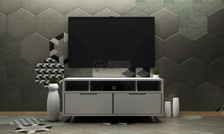 以空白黑屏幕模拟智能电视挂在六边形墙壁和地板设计上的橱柜装饰板3D图片