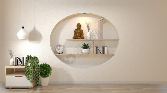 白色墙壁模拟空房在柜子上装书花瓶和植物在架墙设计上装饰日本风格3D背景图片