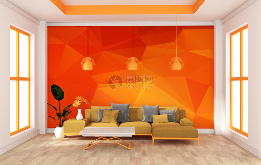 现代橙色风格的房间模拟墙壁3D图片
