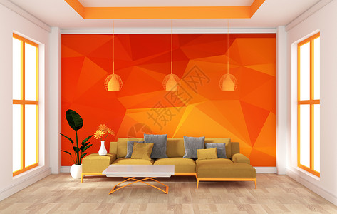 现代橙色风格的房间模拟墙壁3D图片