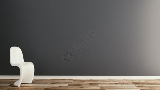 黑色深墙背景地板木上有白椅子3D清洁的高清图片素材