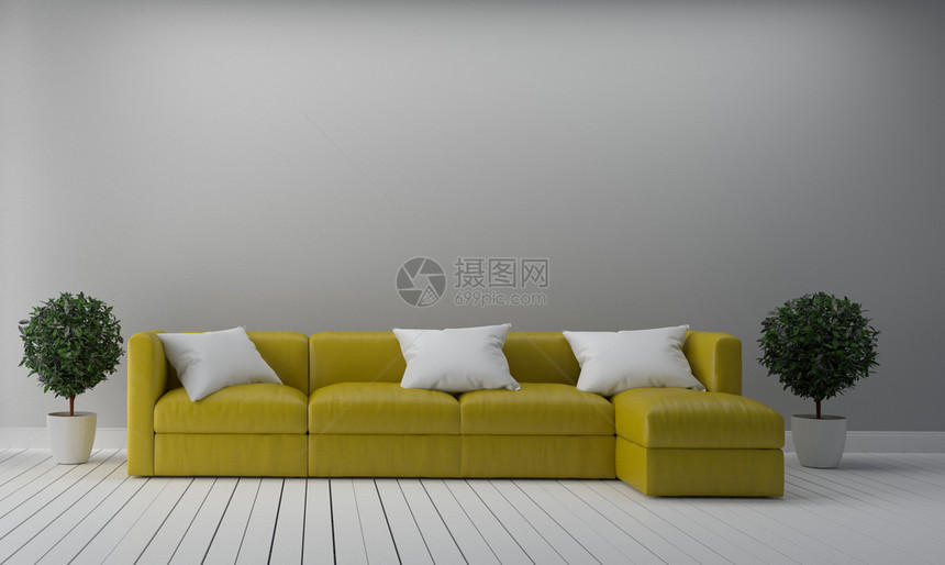以黄色沙发和植物的空白墙背景现代生活黄色沙发和植物白墙背景3D图片