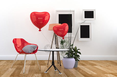 红色椅子和气球白墙上的室内木地板客厅3D图片