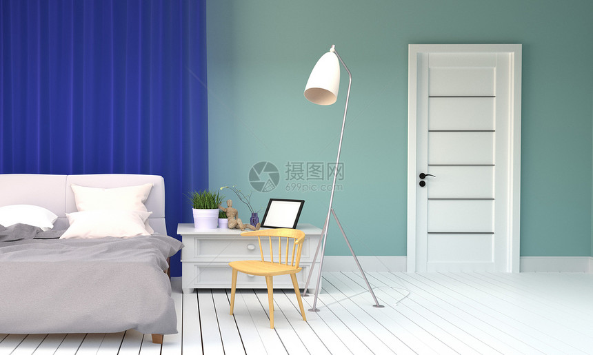 床和枕头植物灯门框架和木制椅子空绿色薄荷墙底的白地板图片