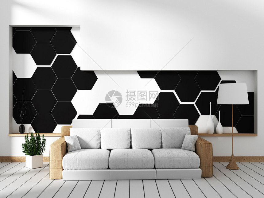 带有沙发和黑六边瓷砖墙的沙发和黑六边壁3D图片
