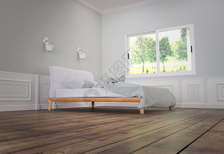 室内有床和枕头的两盏灯白墙背景的木地板白色墙底的木地板背景图片