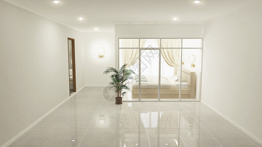 地砖花岗岩上白色的典型卧室3D背景图片