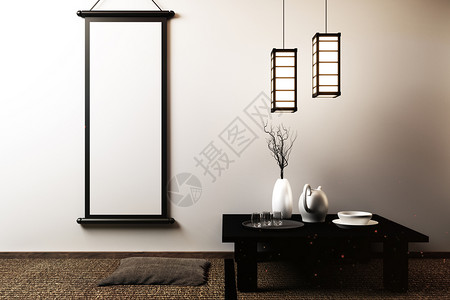 带有灯框架黑低桌的日本客厅在Tatmi垫子地板上的白墙房间黑低桌图片