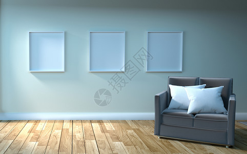 沙发和照片空白墙背景的木地板3D图片