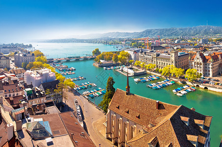 苏黎世湖和利马特河水边空中全景瑞士最大的城市高清图片