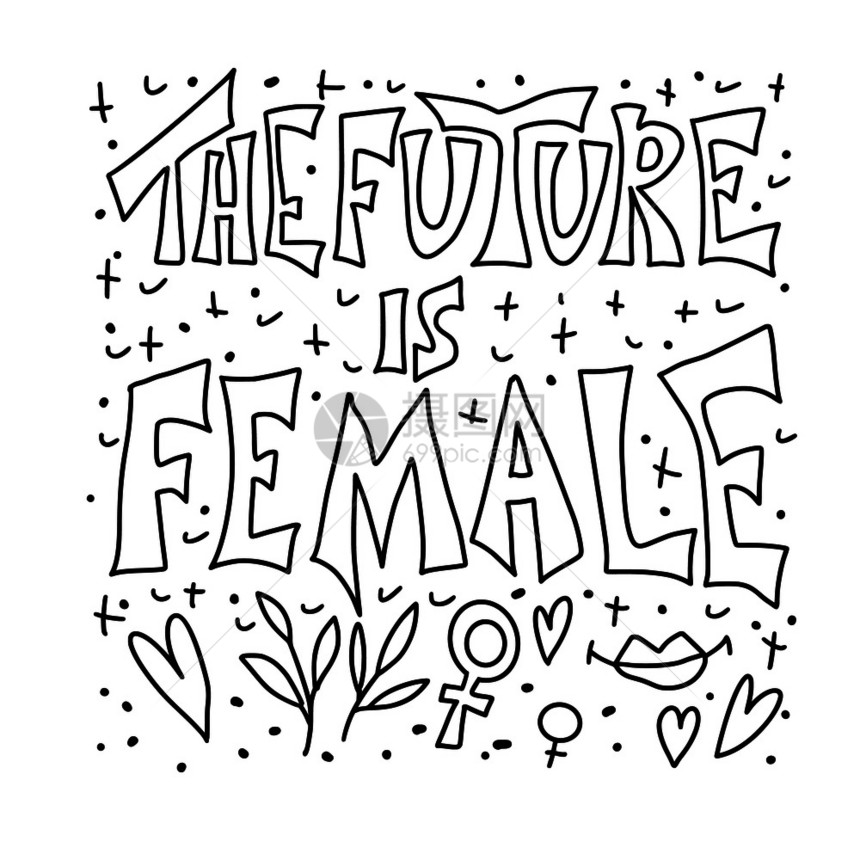 未来是女彩色页面手画引用符号矢量素描插图图片