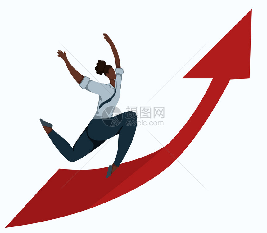 在箭头上奔跑的非洲女人卡通矢量插画图片