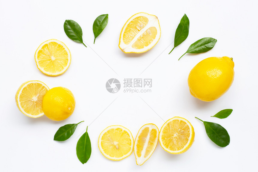 面柠檬做的框架白底绿色叶子图片