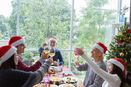 欢呼老人戴红帽子在圣诞节日与家人共进晚餐背景高清图片素材