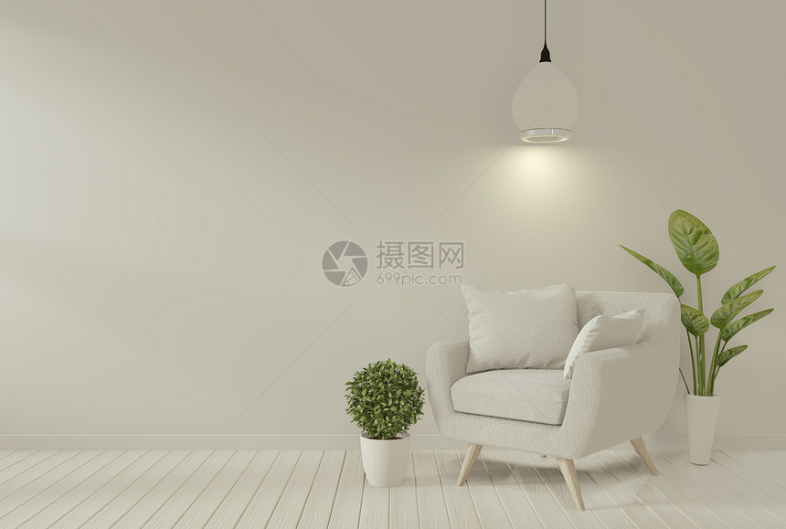 白色墙的客厅内装有灰色扶椅和饰厂3D图片