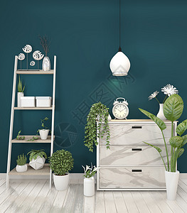 现代客厅的模拟花岗岩壁橱底有深蓝色墙壁的植物3d图片