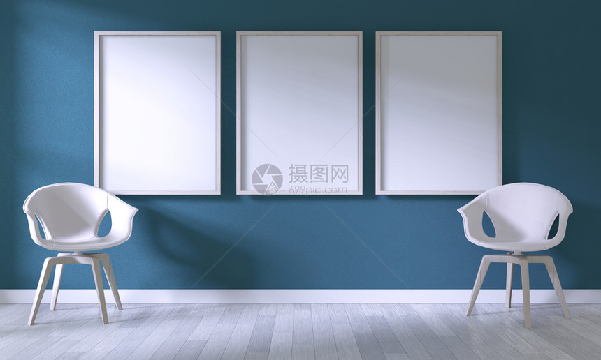 白色木制地板上的深蓝色墙壁装着白椅子的假海报架图片