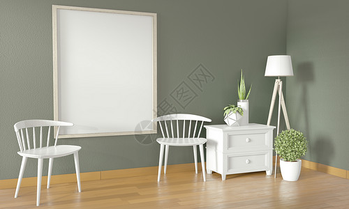 绿色墙壁白椅子和装饰最起码设计3d图片