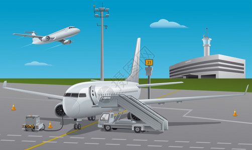 福冈机场和客机机场喷气客机平面图插画