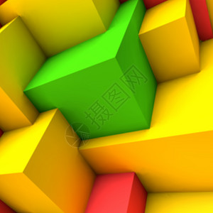 构建基块黄色带有重叠多彩立方体的抽象背景插画
