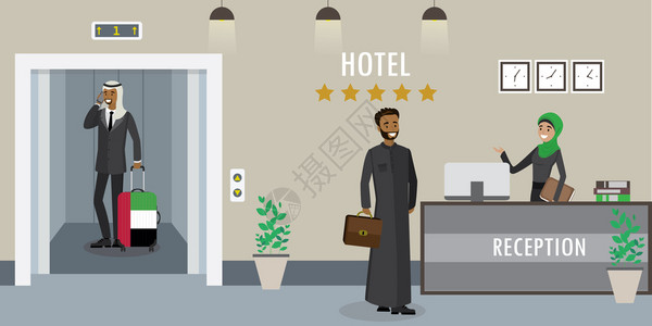 卡通旅馆位于hijabmusli的阿拉伯青年妇女接待员和坐电梯的阿拉伯男子旅行招待酒店预订概念卡通平方矢量图旅馆接待室内位于hija的阿插画