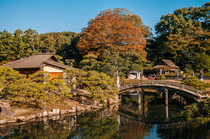 2014年月8日Nov204年日本秋季天在Kokamruen公园配有木桥和池塘的老日本古茶馆图片