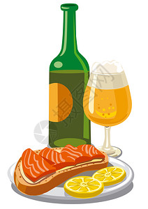 橘子与鱼啤酒和鲑鱼三明治插图插画