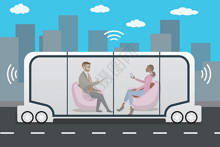 矢量车辆自动汽车或公交车和物联网概念自动驾驶汽车未来城市乘客交通矢量插图自动驾驶汽车或公交车和物联网概念车背景