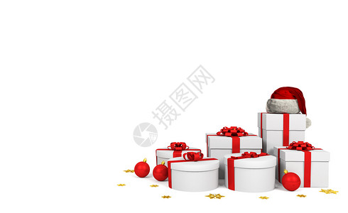 白色背景的红丝带和SantClus帽子的白色礼物盒背景3D图片