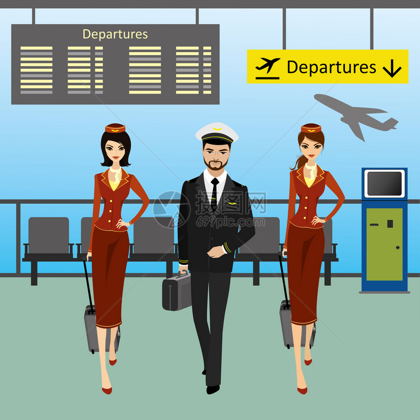 机组人员在机场行卡通矢量插画图片