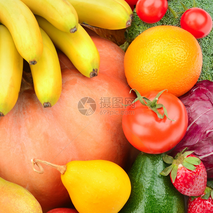 收集水果和蔬菜的明亮背景图片