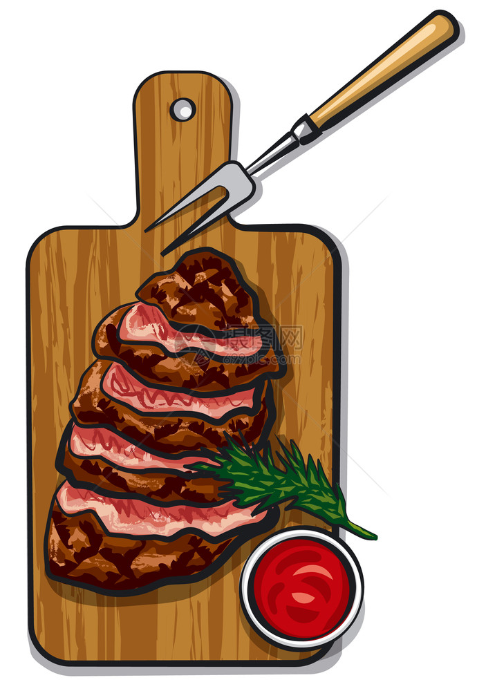 在木板上加番茄酱的烤牛肉排图片